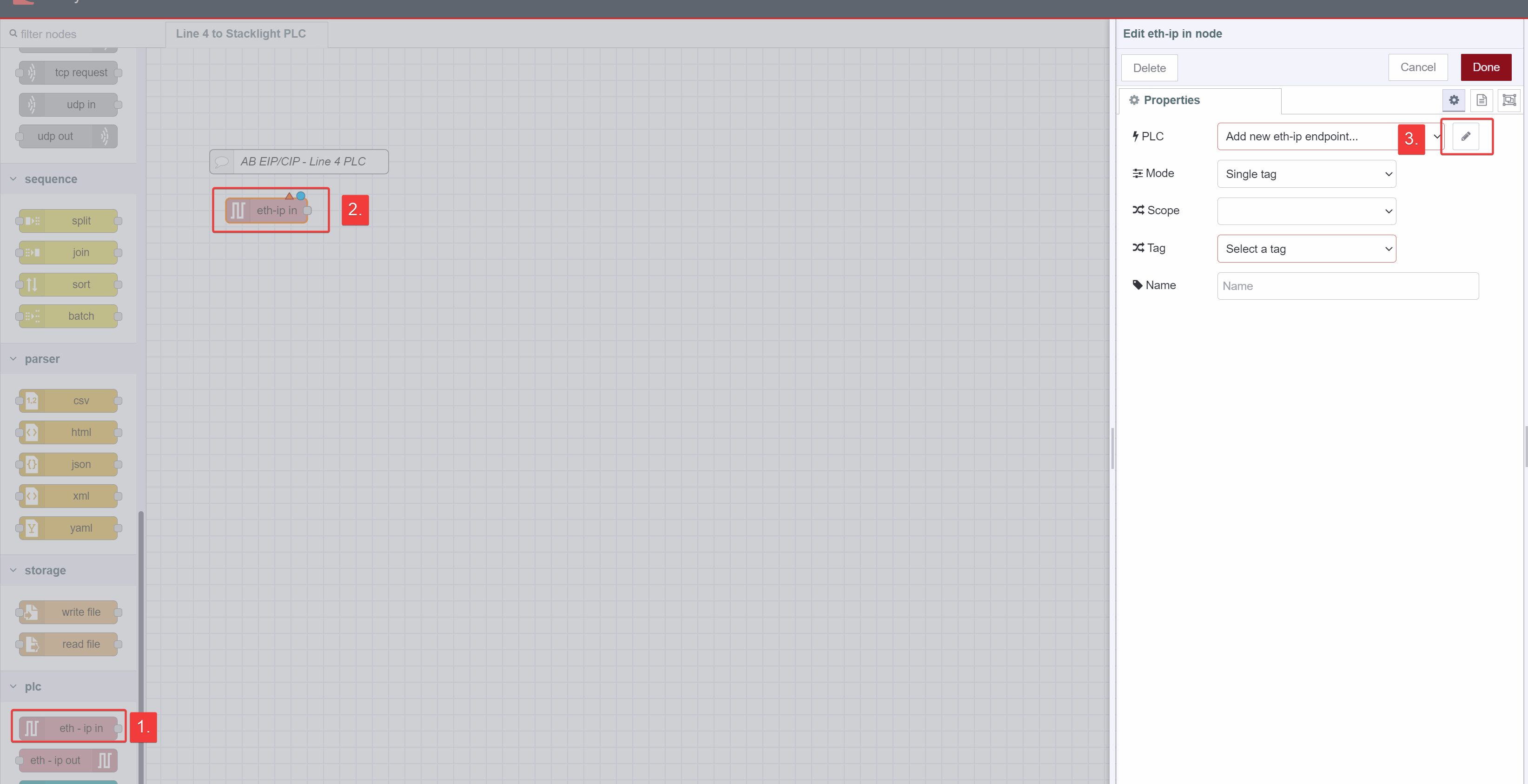 Screenshot showing dragged 'eth-ip in' node and it's config tab "Screenshot showing dragged 'eth-ip in' node and it's config tab"